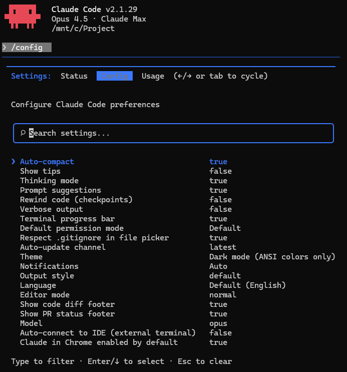 Settings screen opened by Claude Code's /config command. Shows various options including Auto-compact, Model, Theme, etc.
